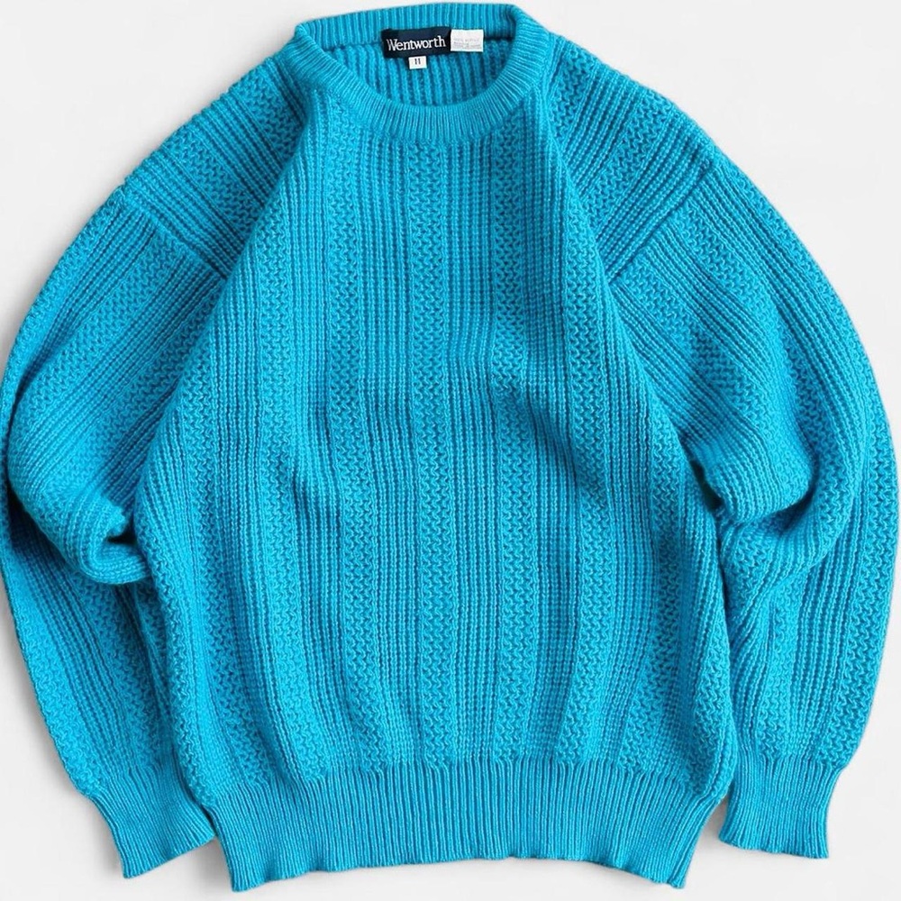 Vintage Wentworth Aqua Blue Acrylic Knit Retro 80s Crewneck Sweater M